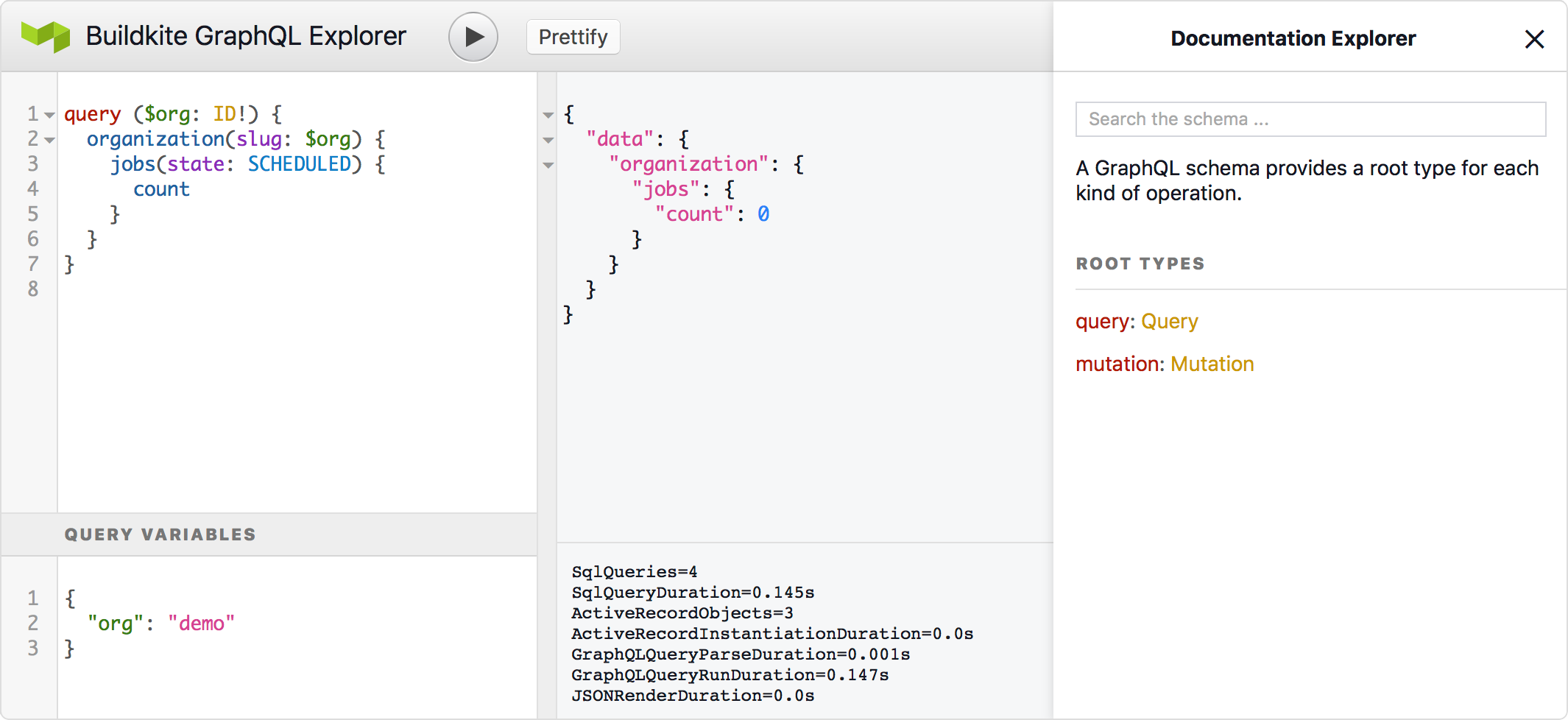 Screenshot of the Buildkite GraphQL Explorer