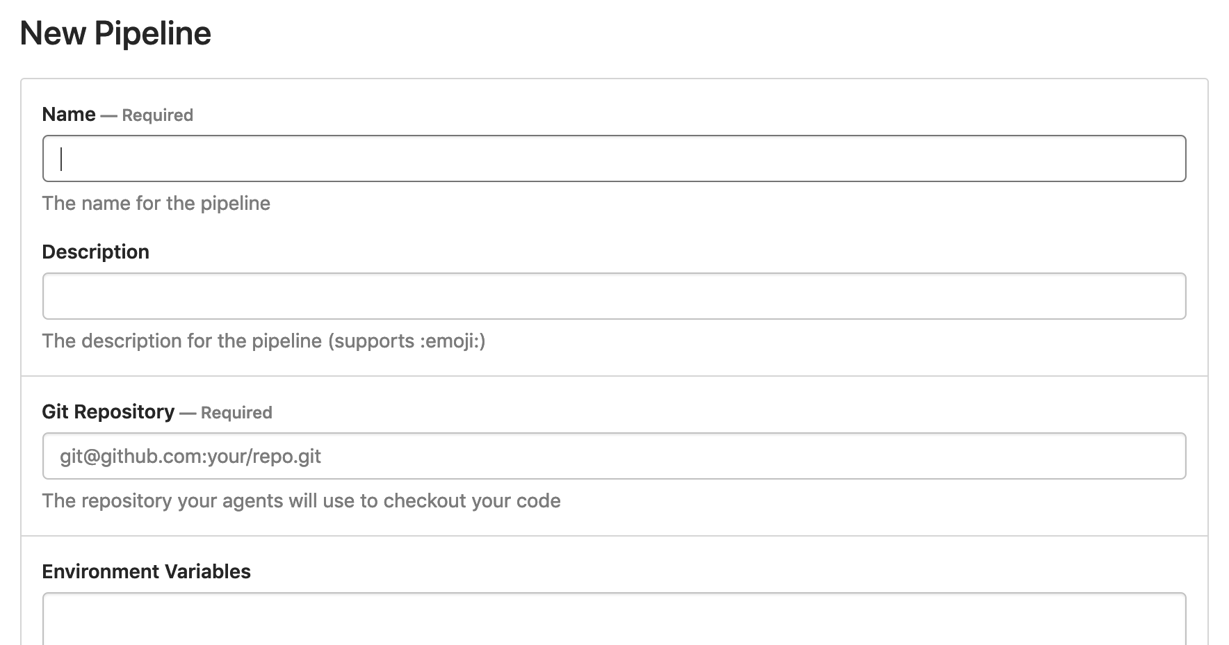 Screenshot of the 'New Pipeline' setup form