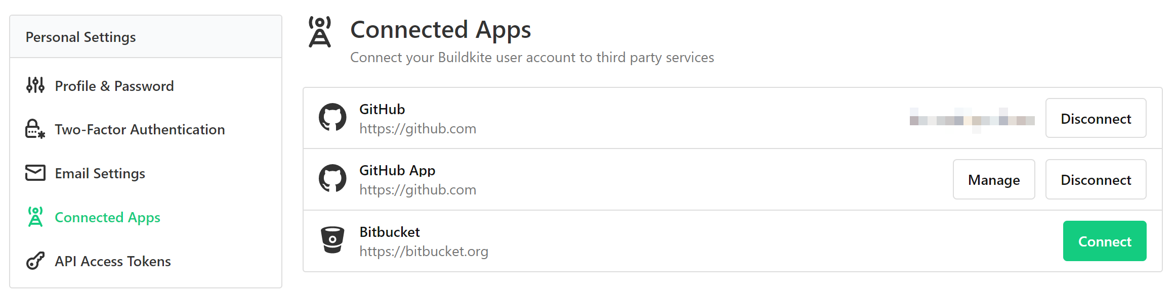 Screenshot of the Buildkite Connected Apps screen